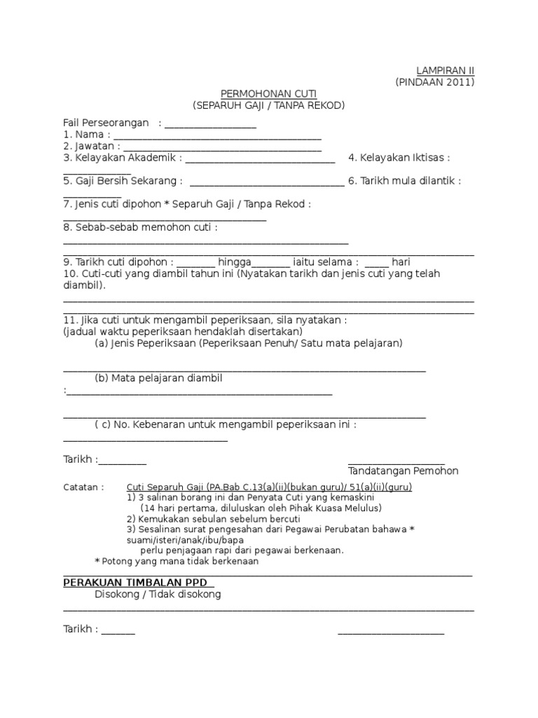 Kosong Borang Cuti Separuh Gaji Lampiran Ii Pdf