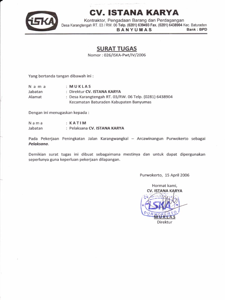 Surat Tugas Pelaksana Lapangan