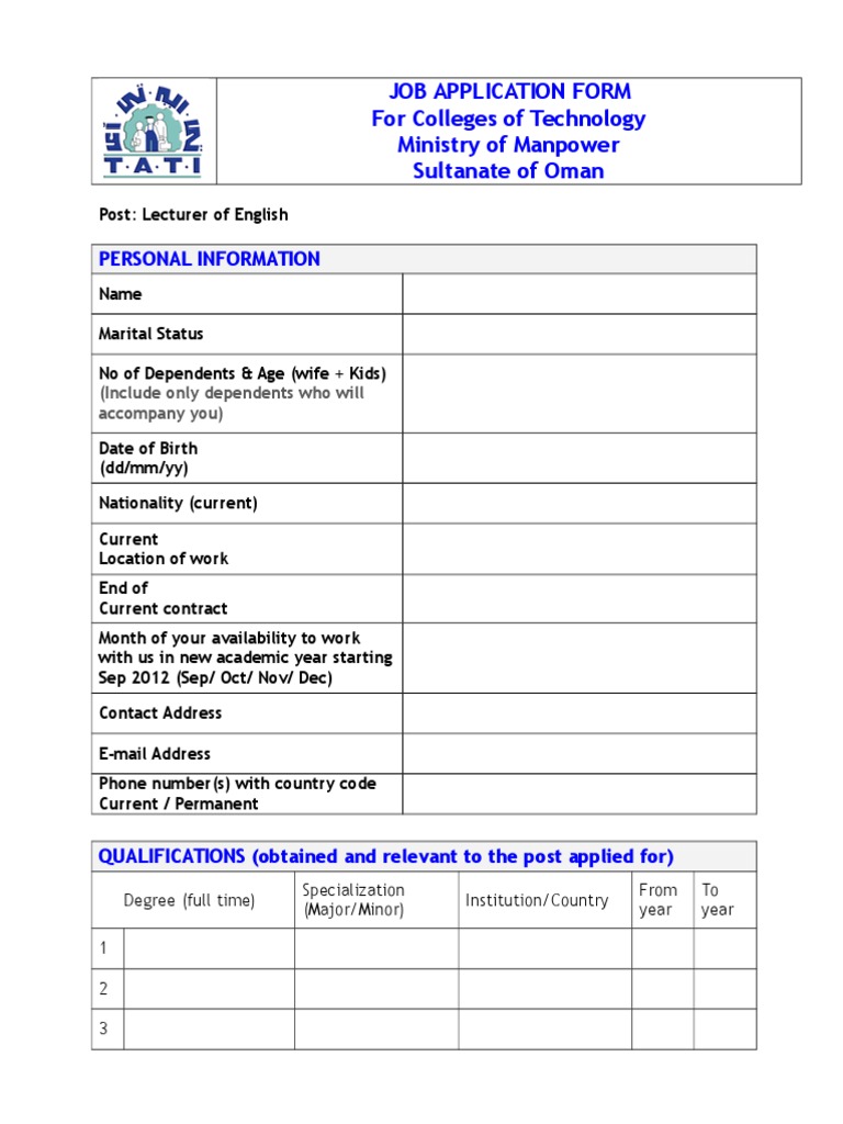 Job Application Form English Pdf English As A Second Or Foreign Language Academia