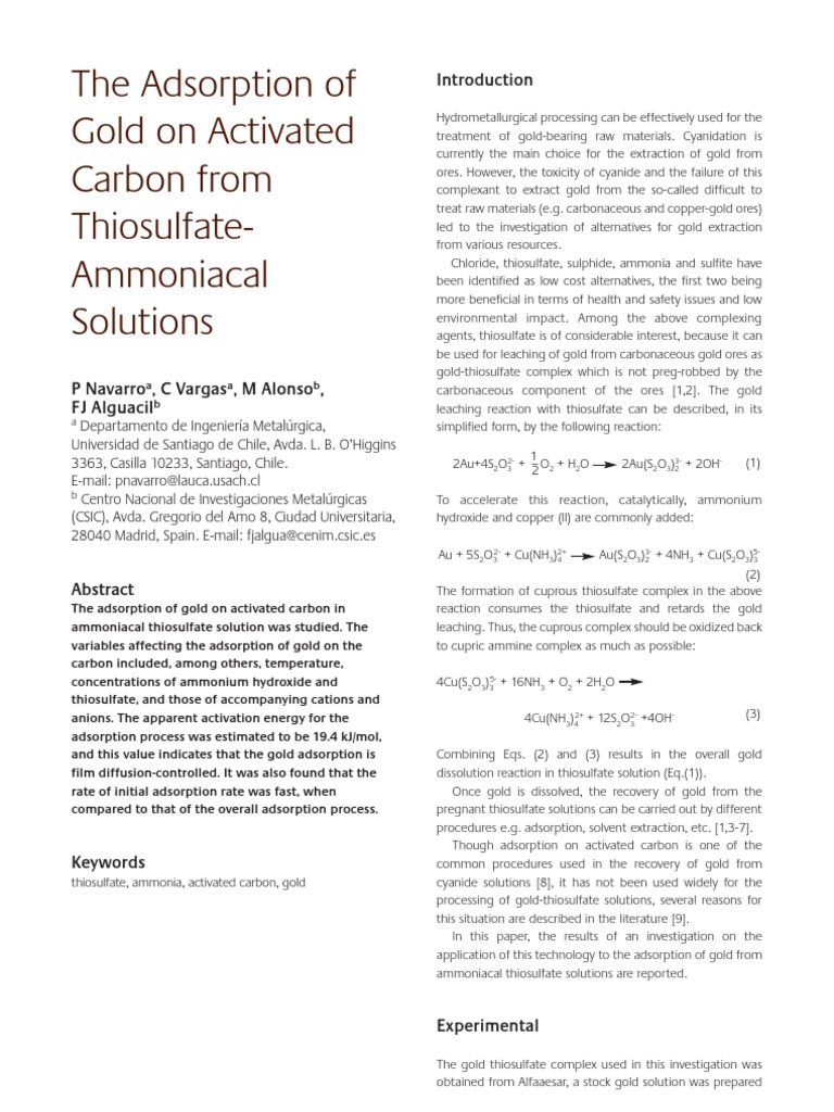 Gold Adsorption from Thiosulfate Solutions | PDF | Adsorption | Ammonia