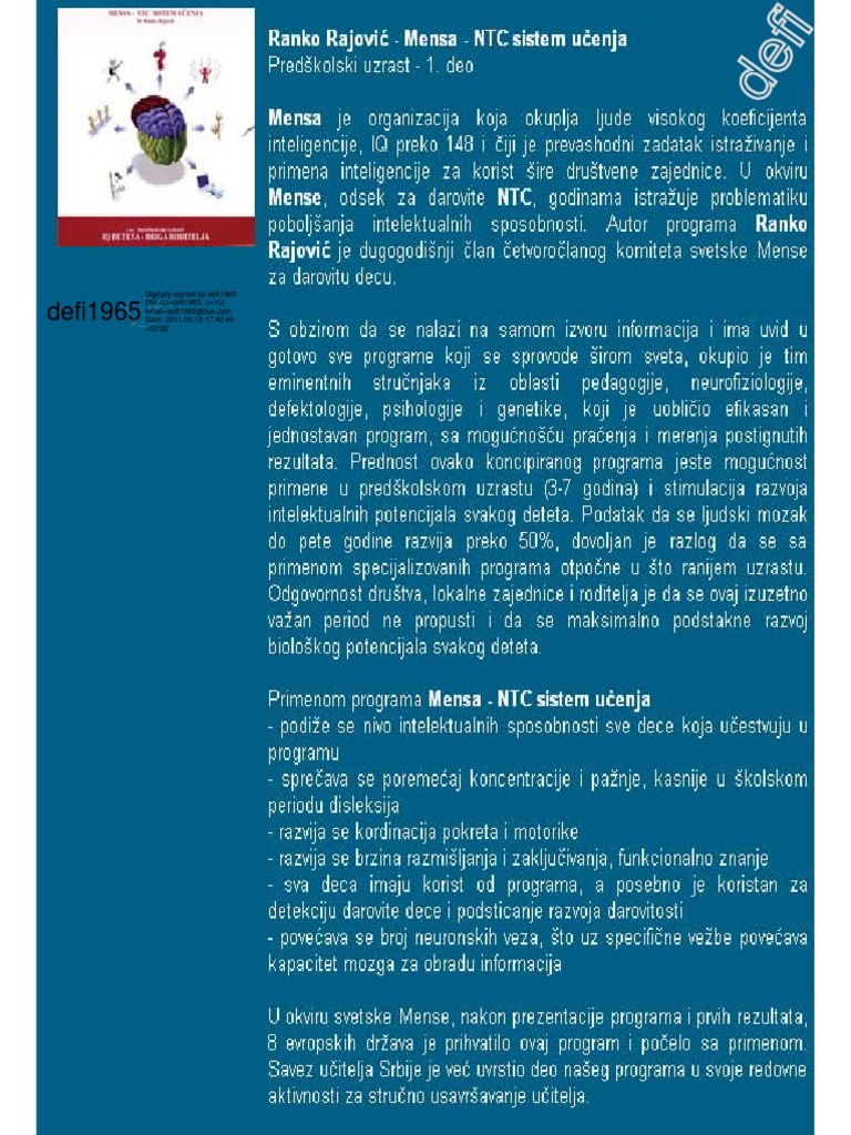 Mensa-NTC Sistem Ucenja - Ranko Rajovic | PDF