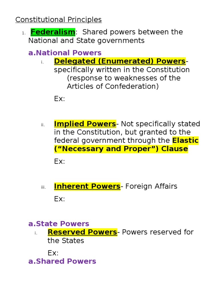 Constitutional Principles Notes Federal Government Of The United