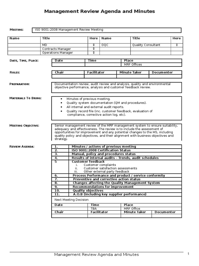 Sample Management Review Agenda and Minutes  Iso 9000  Audit