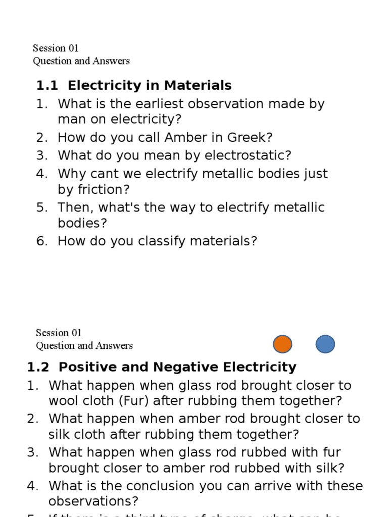 1.1 Electricity in Materials Session 01 Question and Answers PDF Electric Charge Electric