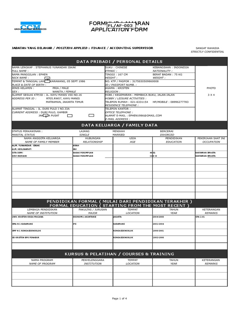 Application Form Xls Stephanus Yunandar Iskak | PDF