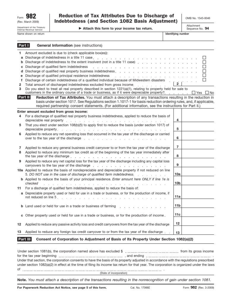 Irs Form 982 Reduction Of Attributes Due To Discharge Of Indebtedness