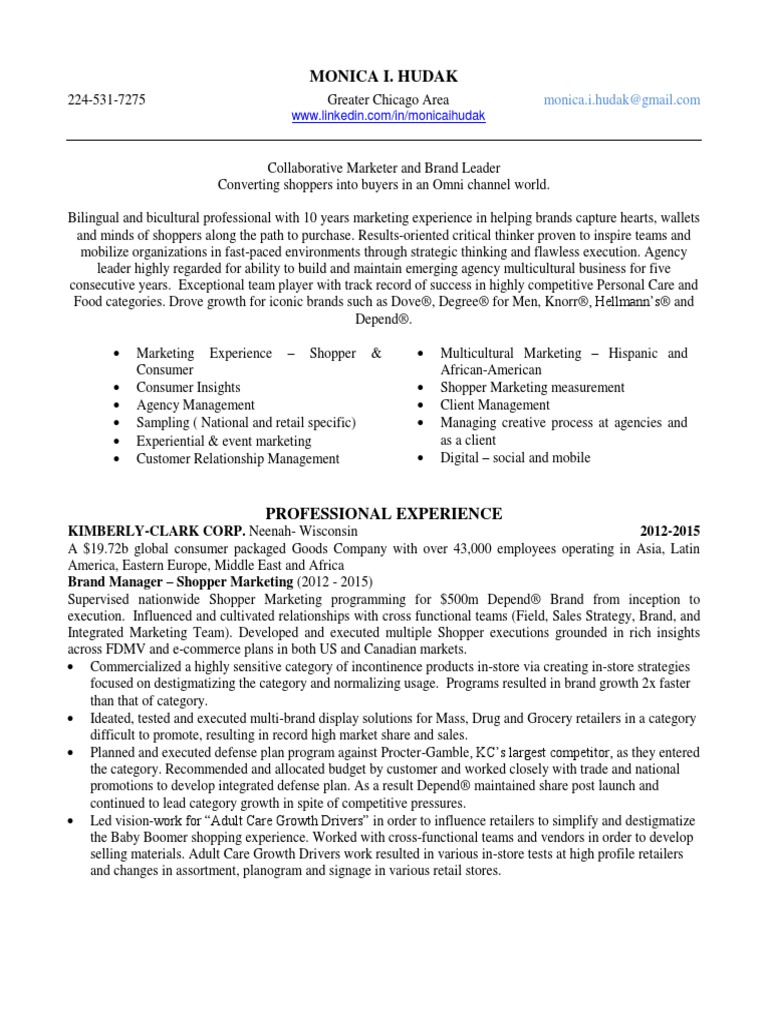Senior Shopper Marketing Manager in Chicago IL Resume