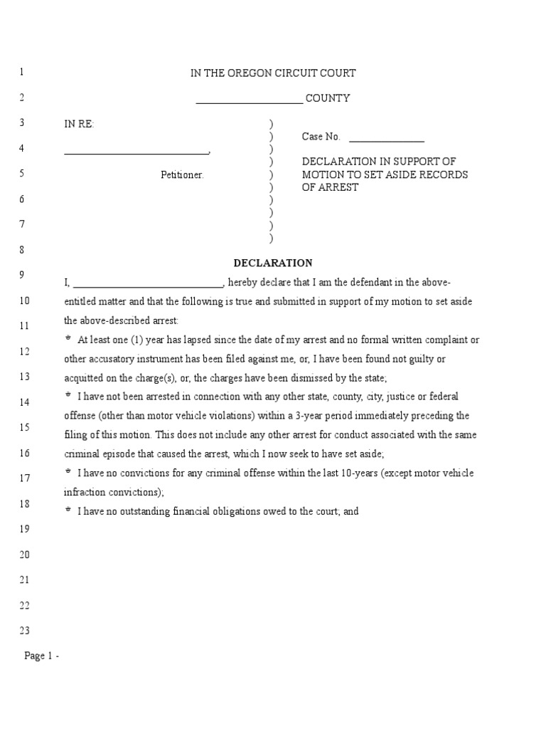 Declaration For Motion To Set Aside Arrest Record PDF Arrest