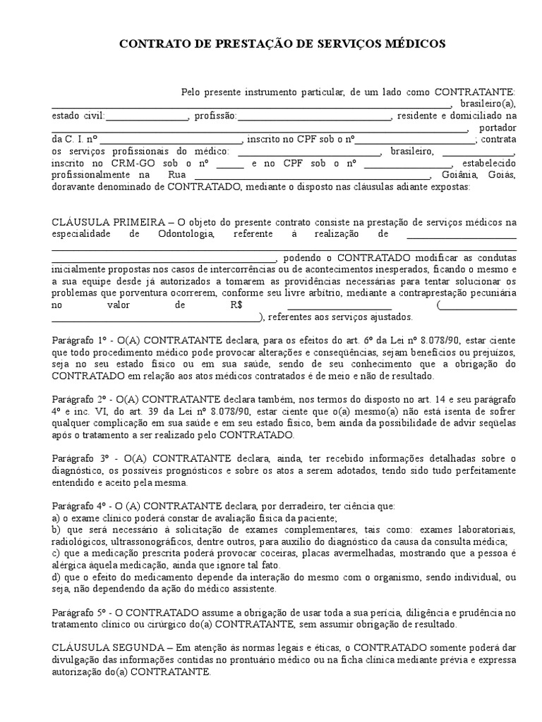 Contrato Basico de Prestação de Serviços Medicos PDF Lei das
