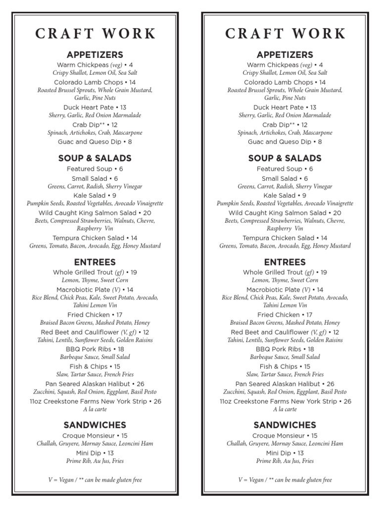 Craft Work Dinner Menu, Summer 2015 | PDF | Vinaigrette | Salad