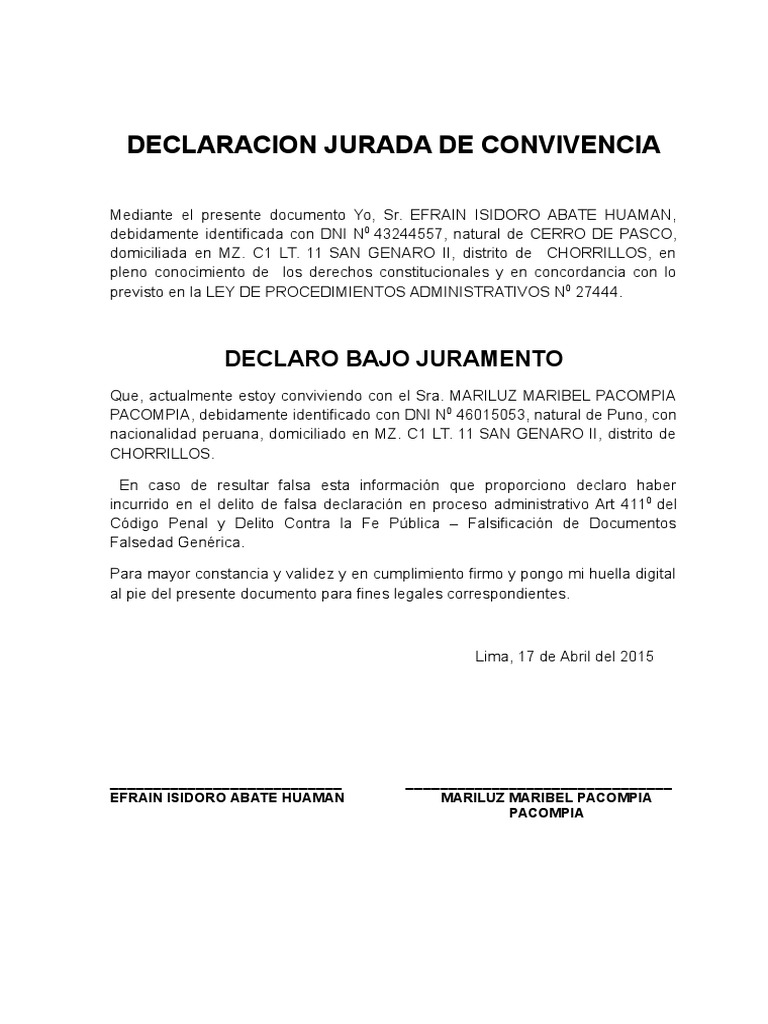 Declaracion Jurada De Convivencia Declaro Bajo Juramento