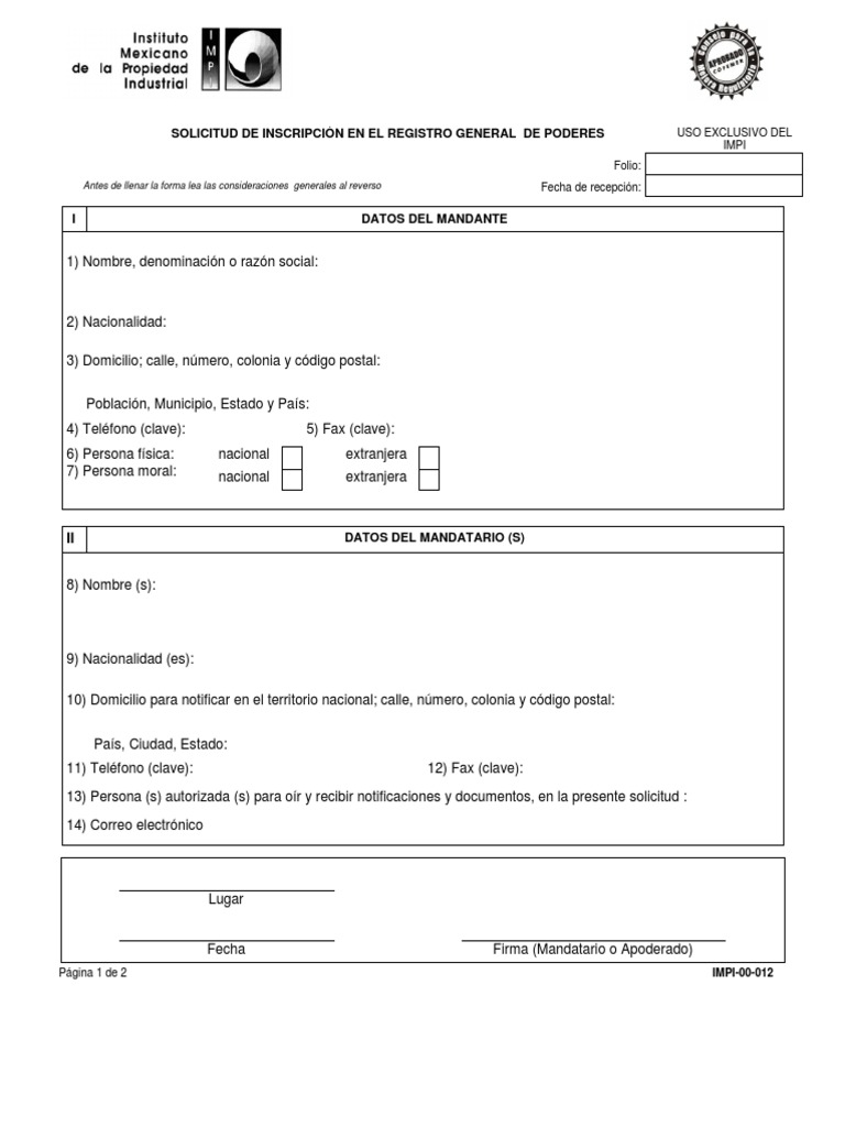 Solicitud De Inscripción En El Registro General De Poderes
