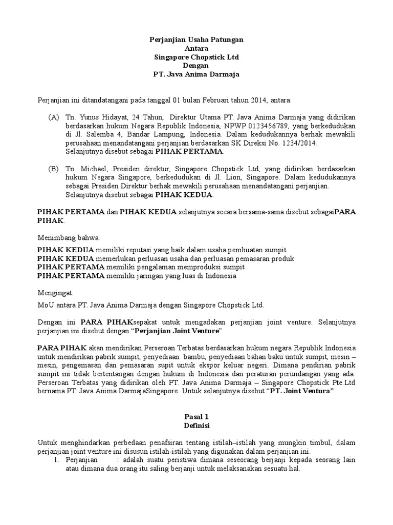 Contoh Surat Perjanjian Joint Venture Atau Kerjasama Usaha Patungan