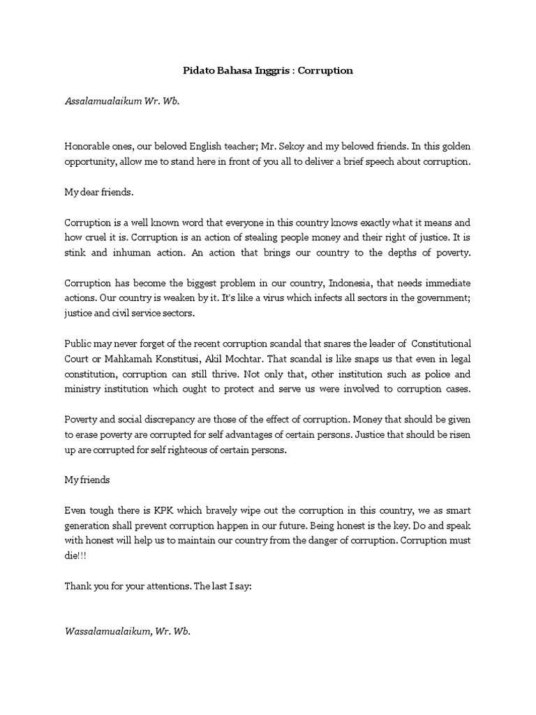 Pidato Bahasa Inggris tentang korupsi dan terjemahan