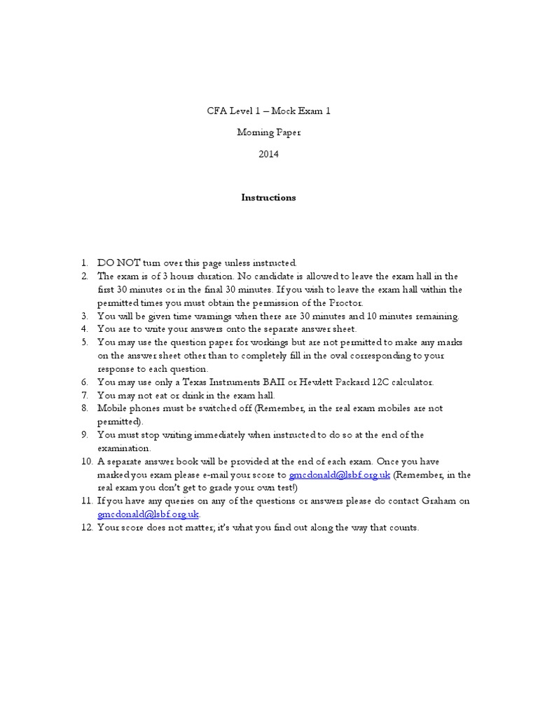 CFA Level 1 Mock Exam 1 Morning Paper | Stocks | Bonds (Finance)