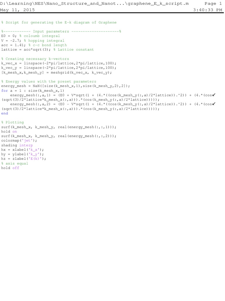 Graphene Energy Band Structure Matlab Script