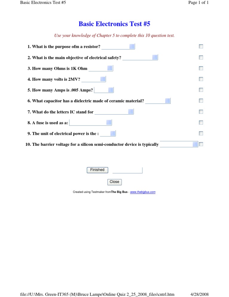 Basic Electronics Test Questions | PDF | Computers