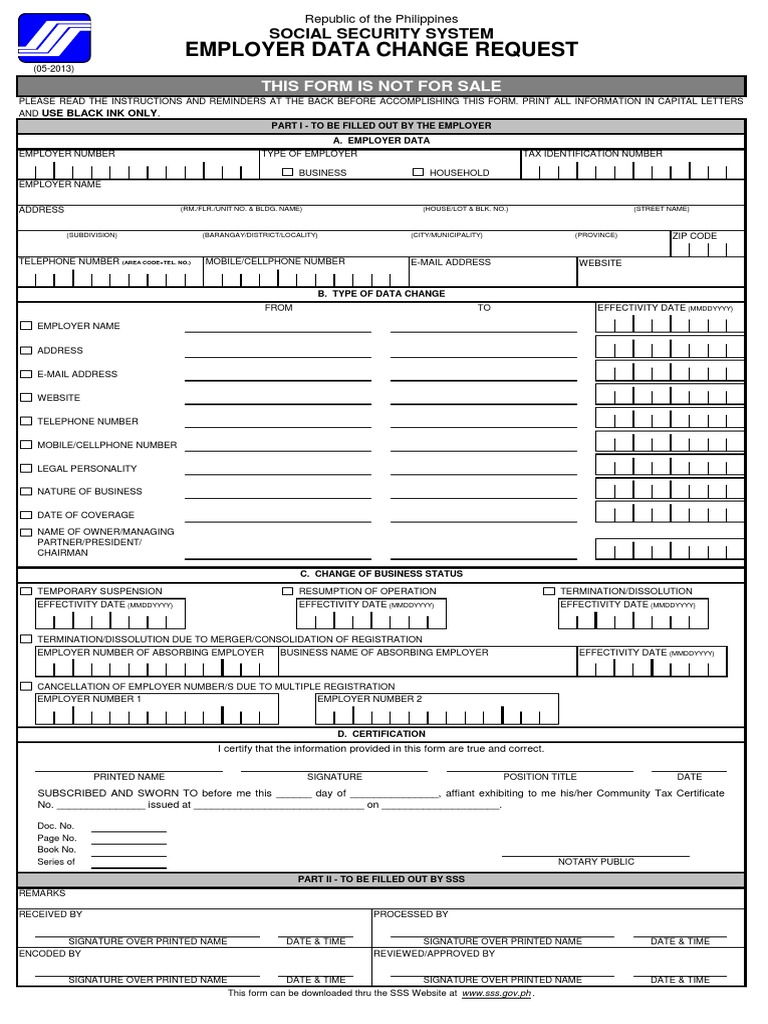 SSS Employer Data Change Request Form R-8 | PDF