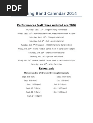 Marching Band Calendar 2014 | PDF