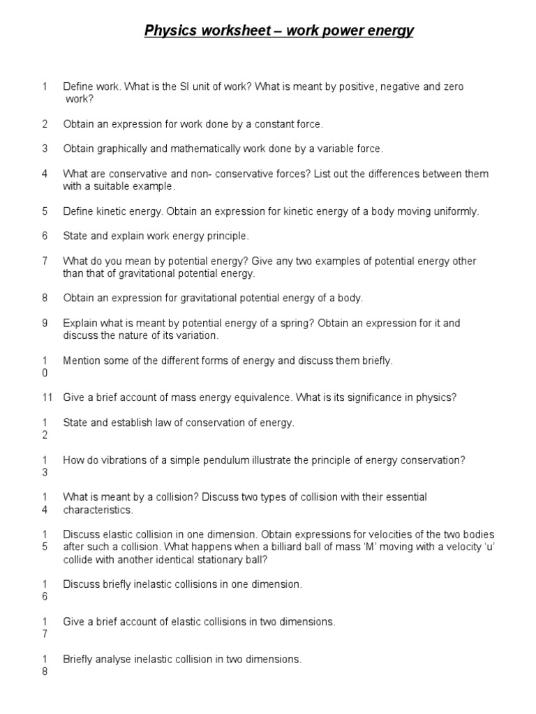 worksheet Work And Energy Worksheet worksheet class xi work power energy collision kinetic energy