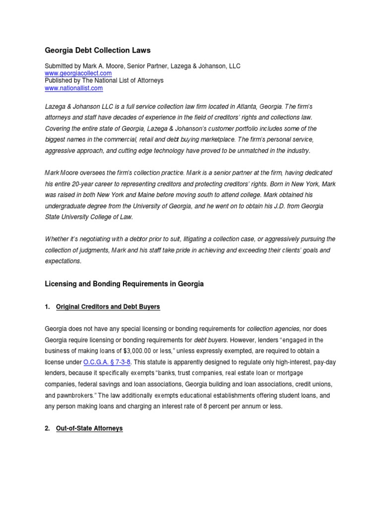 Georgia Debt Collection Overview | PDF | Collection Agency | Garnishment