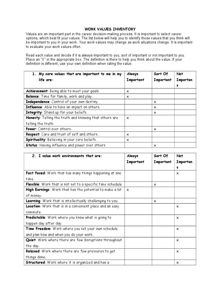 Work Values Inventory PDF Leadership Self