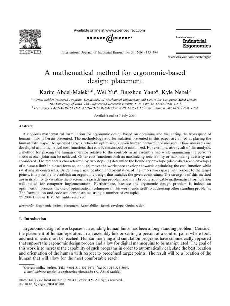 Abdel Malek 2004 International Journal of Industrial Ergonomics A Mathematical Method For