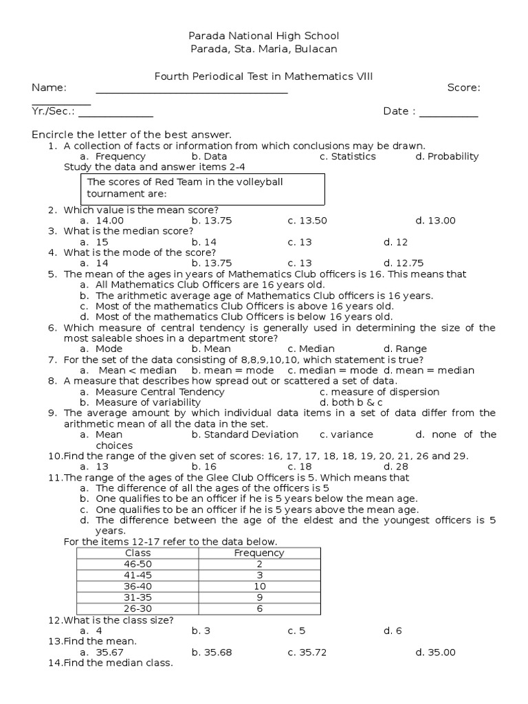 Math VIII Periodical Test Guide | PDF | Arithmetic Mean | Probability