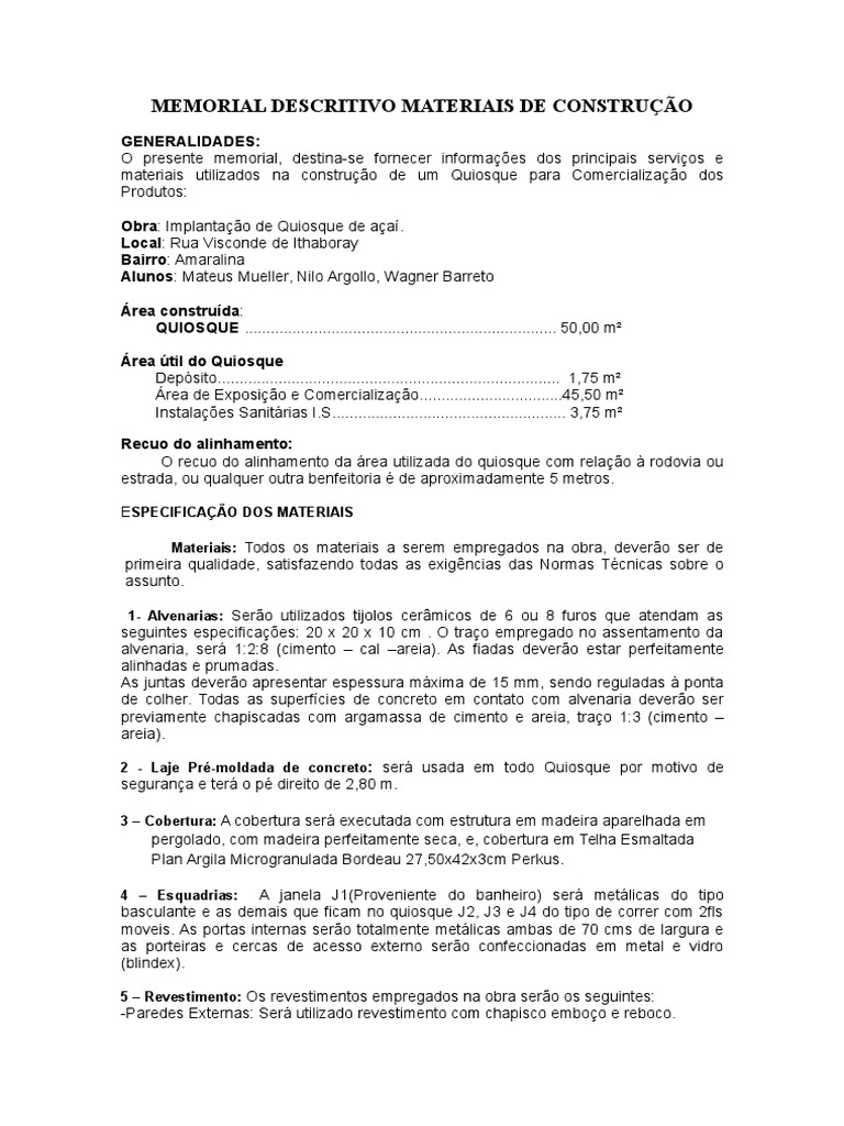 Memorial Descritivo de Materiais | PDF | Argamassa (alvenaria ...
