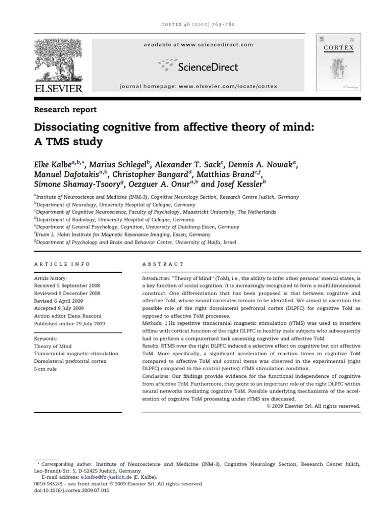 Dissociating Cognitive From Affective Theory of Mind A TMS Study | PDF ...