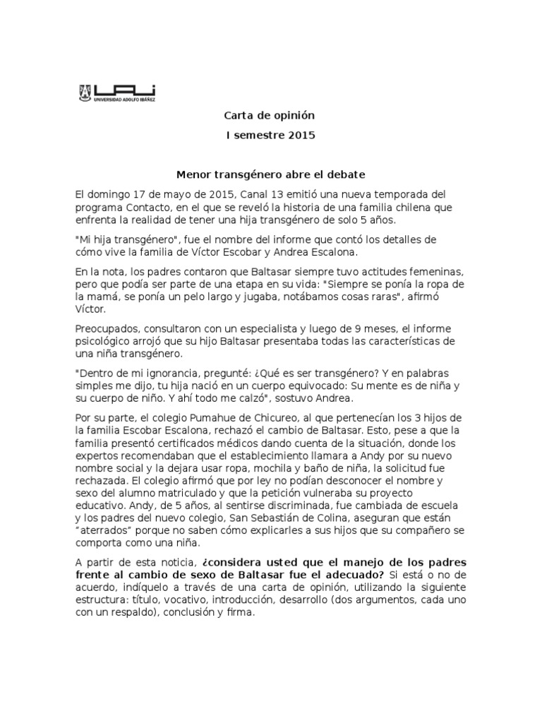 Tres Temas Carta Opinion 1er Semestre 2015 Institucion Transgenero