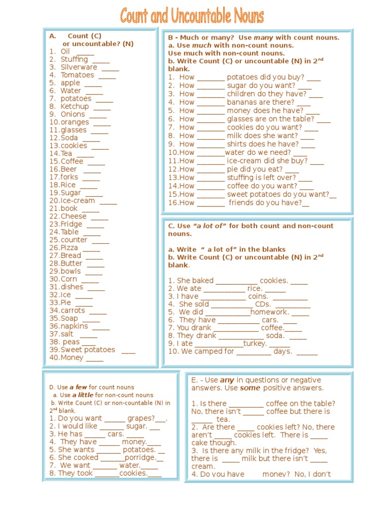 Count and Noncount Nouns Worksheet | PDF | Noun | Western Cuisine