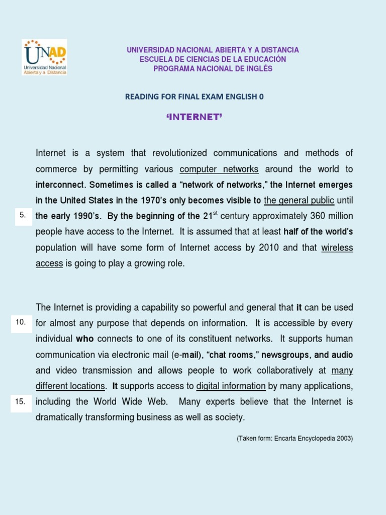 Reading For Final Exam English 0: Internet' | PDF