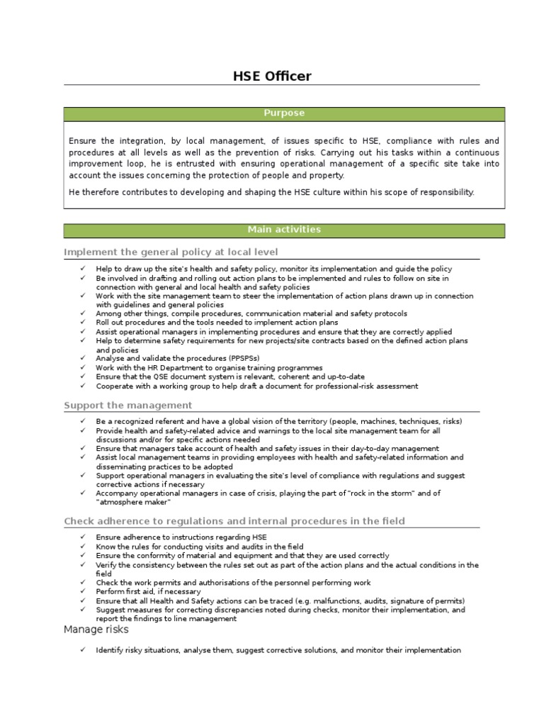 Job Description For Hse Officer | Pdf | Occupational Safety And Health |  Safety