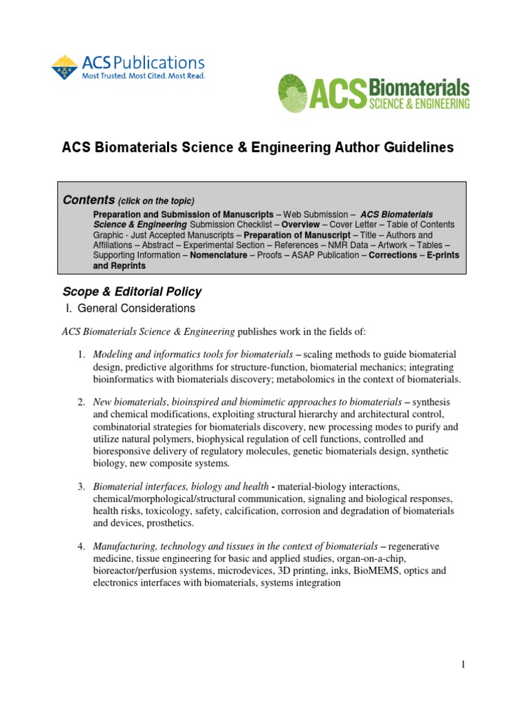 ACS Biomaterials Science & Engineering Author Guidelines: I. General Considerations | PDF | Nuclear Magnetic Resonance | Nuclear Magnetic Spectroscopy