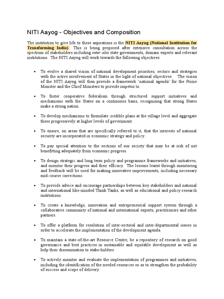 Niti Aayog Objectives And Composition Pdf Think Tank Strategic