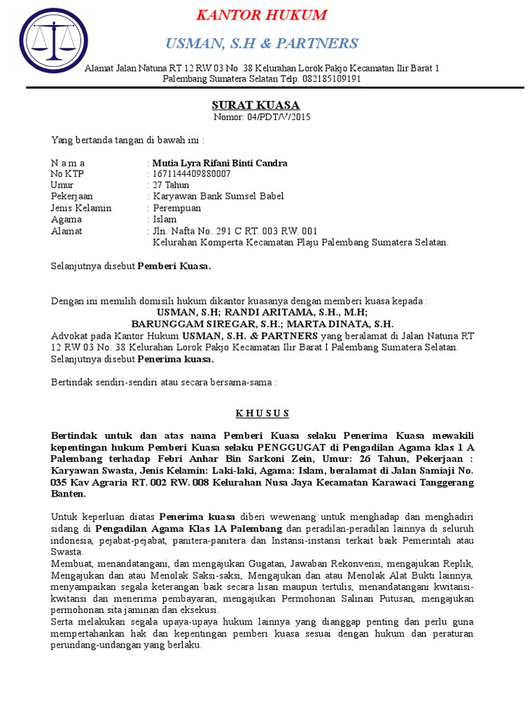 Contoh Surat Kuasa Gugatan Cerai Pengadilan Agama 2018