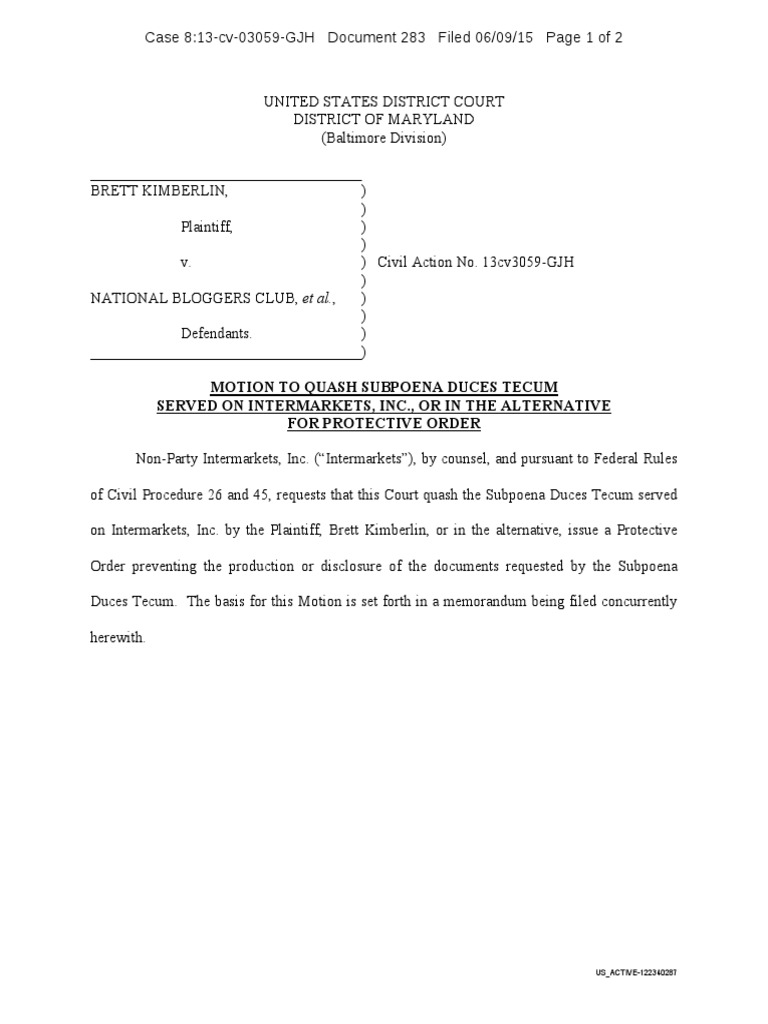 Motion To Quash Subpoena Duces Tecum Served On Intermarkets, Inc., Or