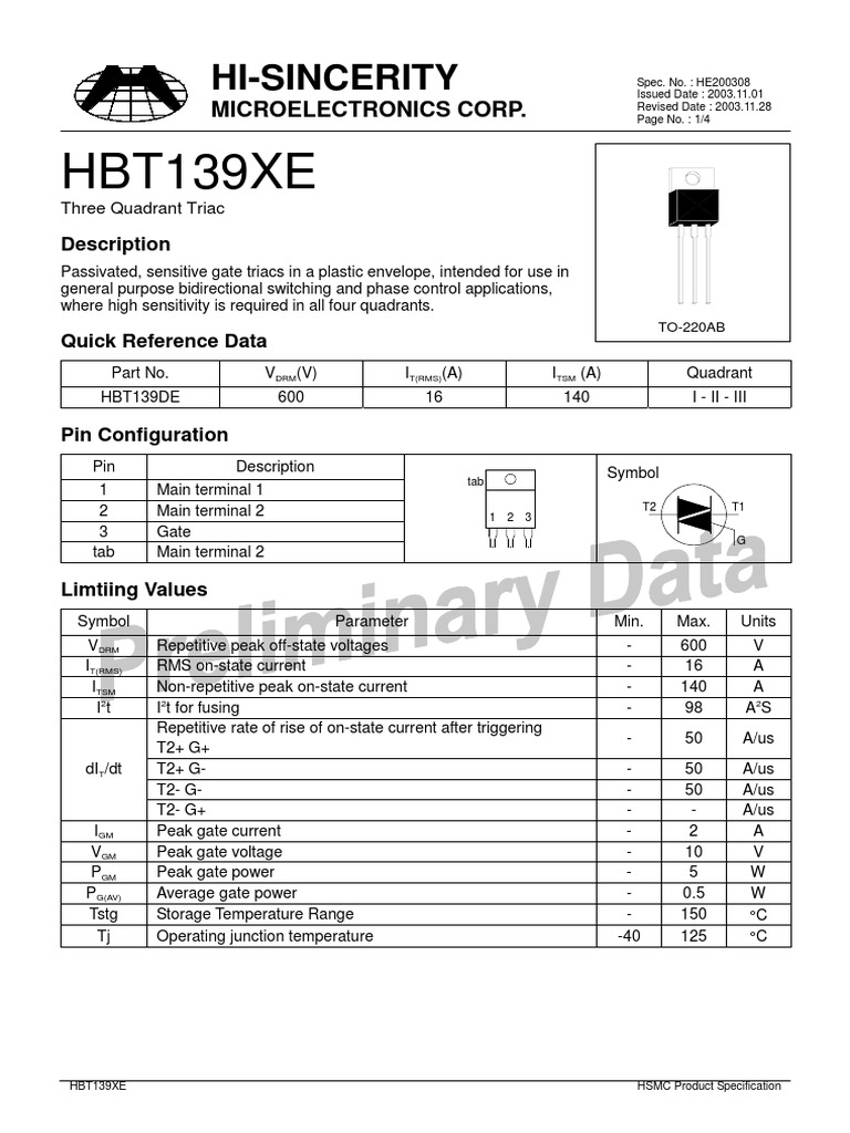 HBT139XE Triac Product Specification | PDF