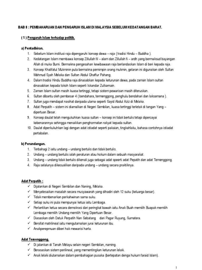 Bab 8 Pembaharuan Dan Pengaruh Islam Sebelum Kedatangan Barat Pdf