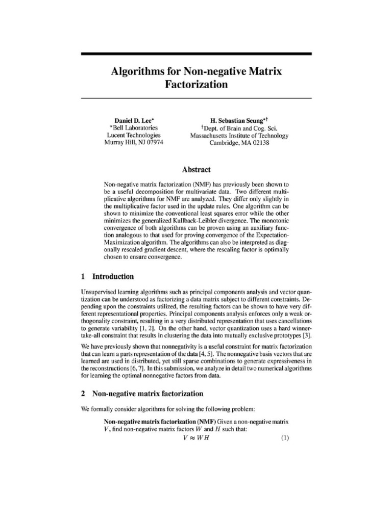 1861 Algorithms For Non Negative Matrix Factorization | PDF | Teaching ...