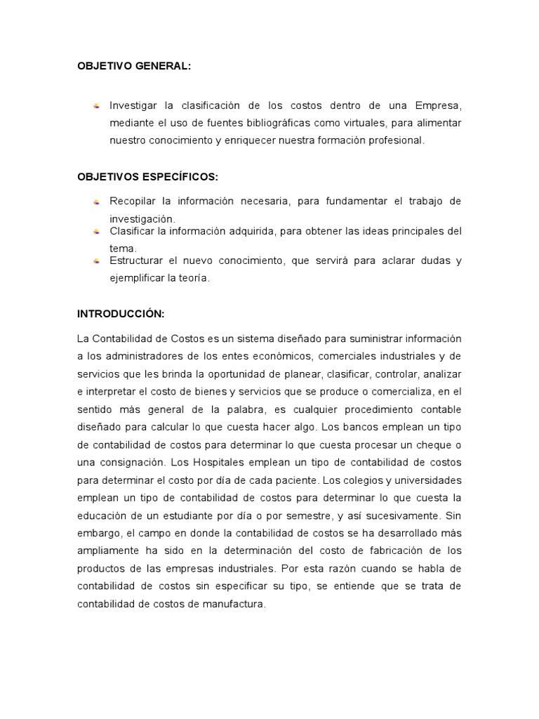 Clasificaciòn de la Contabilidad de Costos Costo