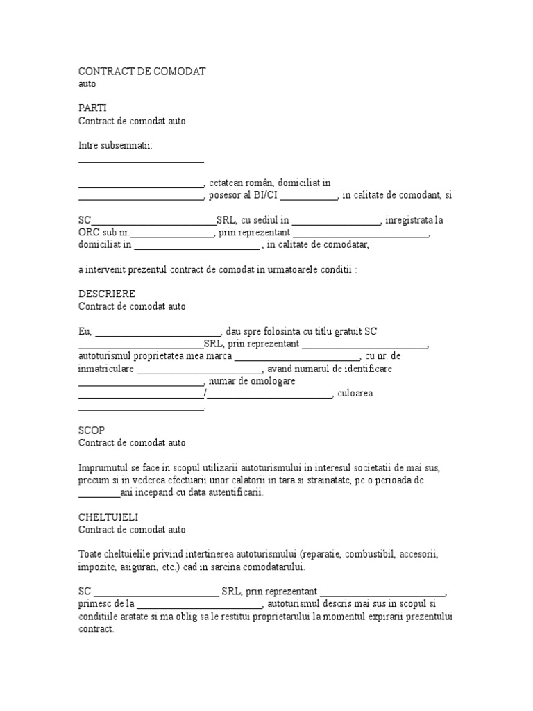 Contract de Comodat Auto | PDF