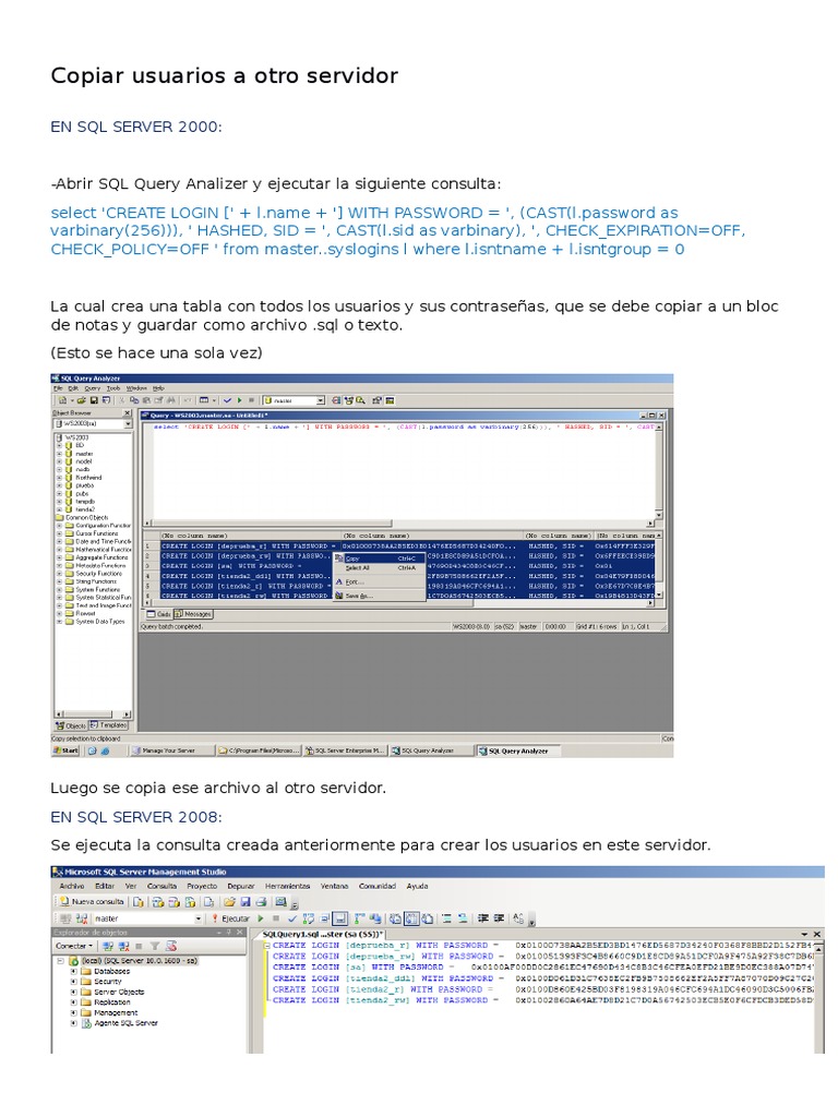 Migrar Usuarios y Bases en SQL Server | PDF | Servidor SQL de Microsoft ...