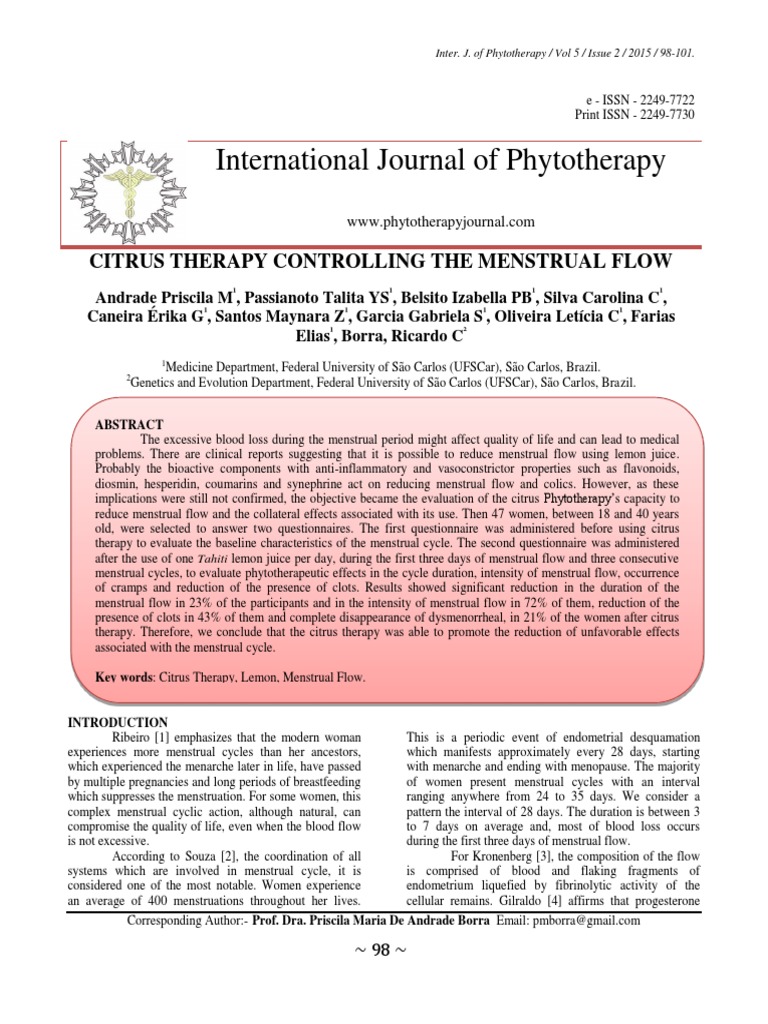 Citrus Therapy Controlling The Menstrual Flow PDF Menstruation