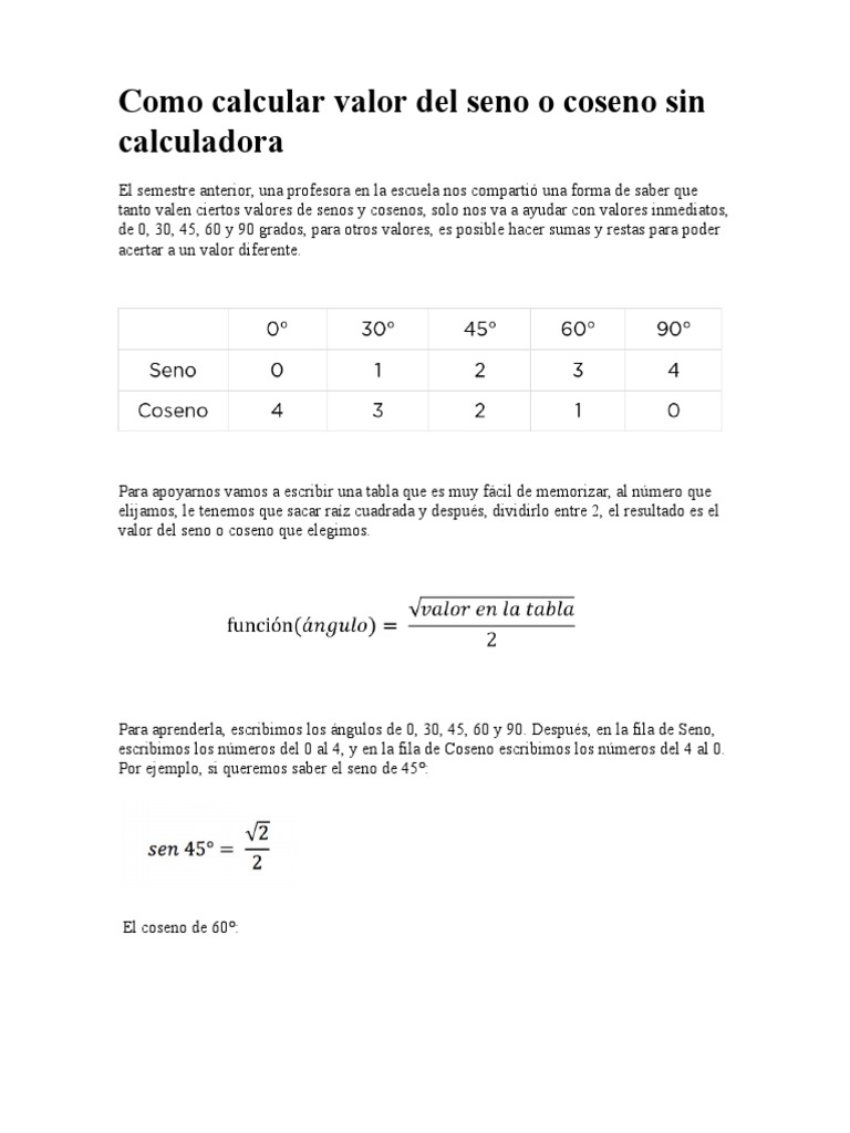 Como Calcular Senos Y Cosenos Sin Calculadora