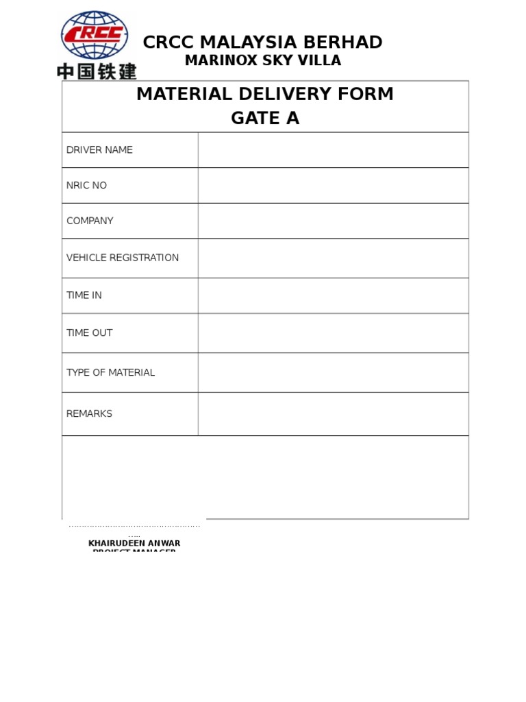 CRCC Malaysia Berhad Material Delivery Form Gate A: Marinox Sky Villa ...