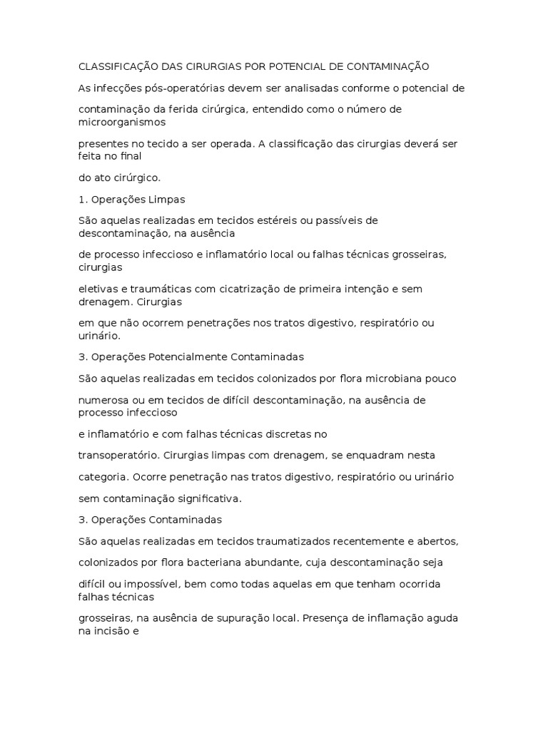 Classificação Das Cirurgias Por Potencial de Contaminação | PDF ...