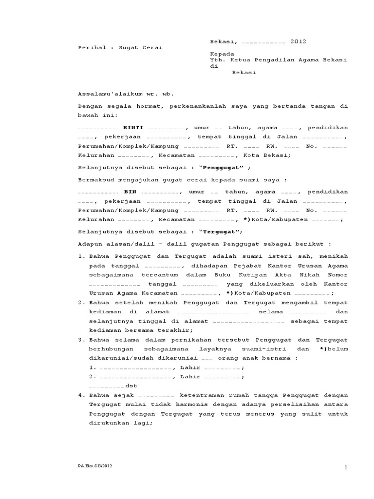 Contoh Surat Gugatan Cerai Pengadilan Agama Bekasi