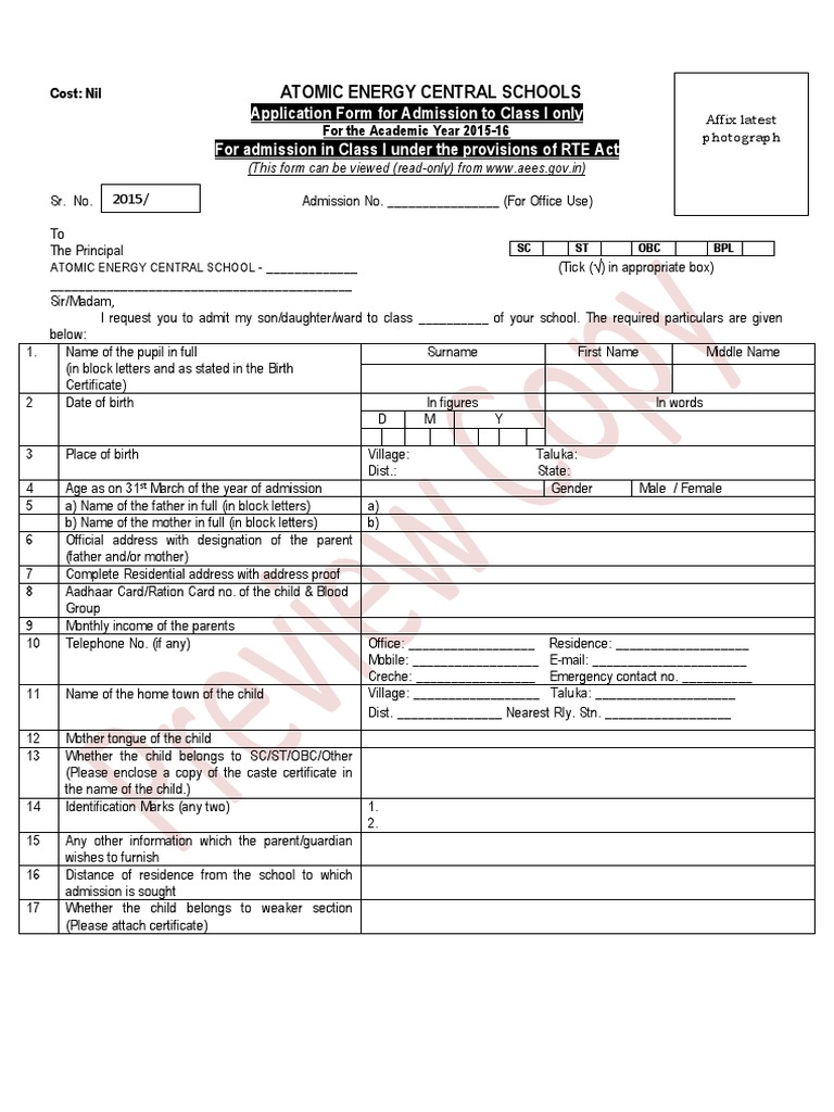 Application Forms for RTE Admissions in Class I in AEES 201516 Birth